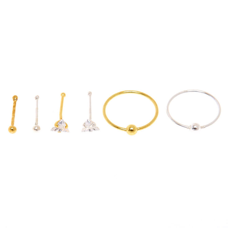 Mixed Metal Sterling Silver Cubic Zirconia 22G Triangle Stone Nose Rings - 6 Pack,