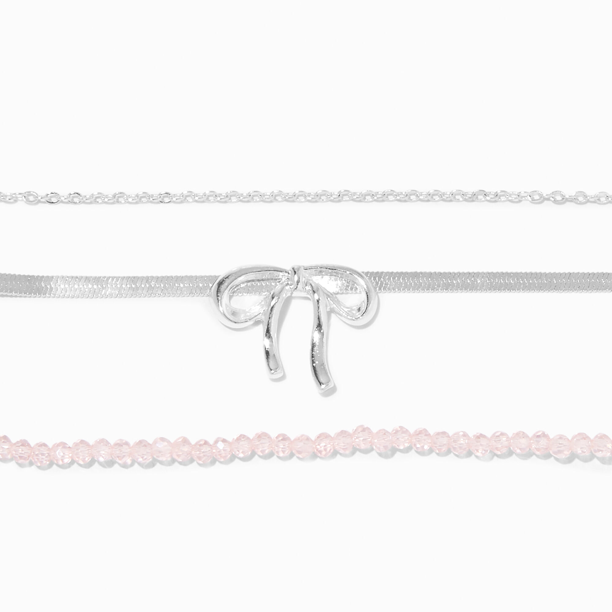 Silver Bow Pink Beaded Chain Bracelets - 3 Pack,