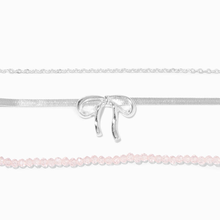 Silver Bow Pink Beaded Chain Bracelets - 3 Pack,