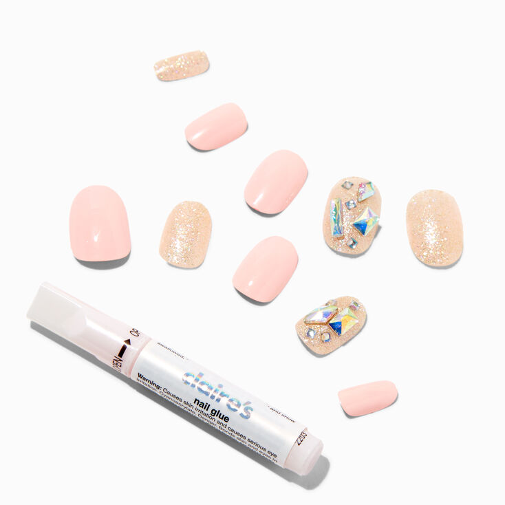 Faux ongles vegan ronds strass &agrave; paillettes roses - Lot de 24,