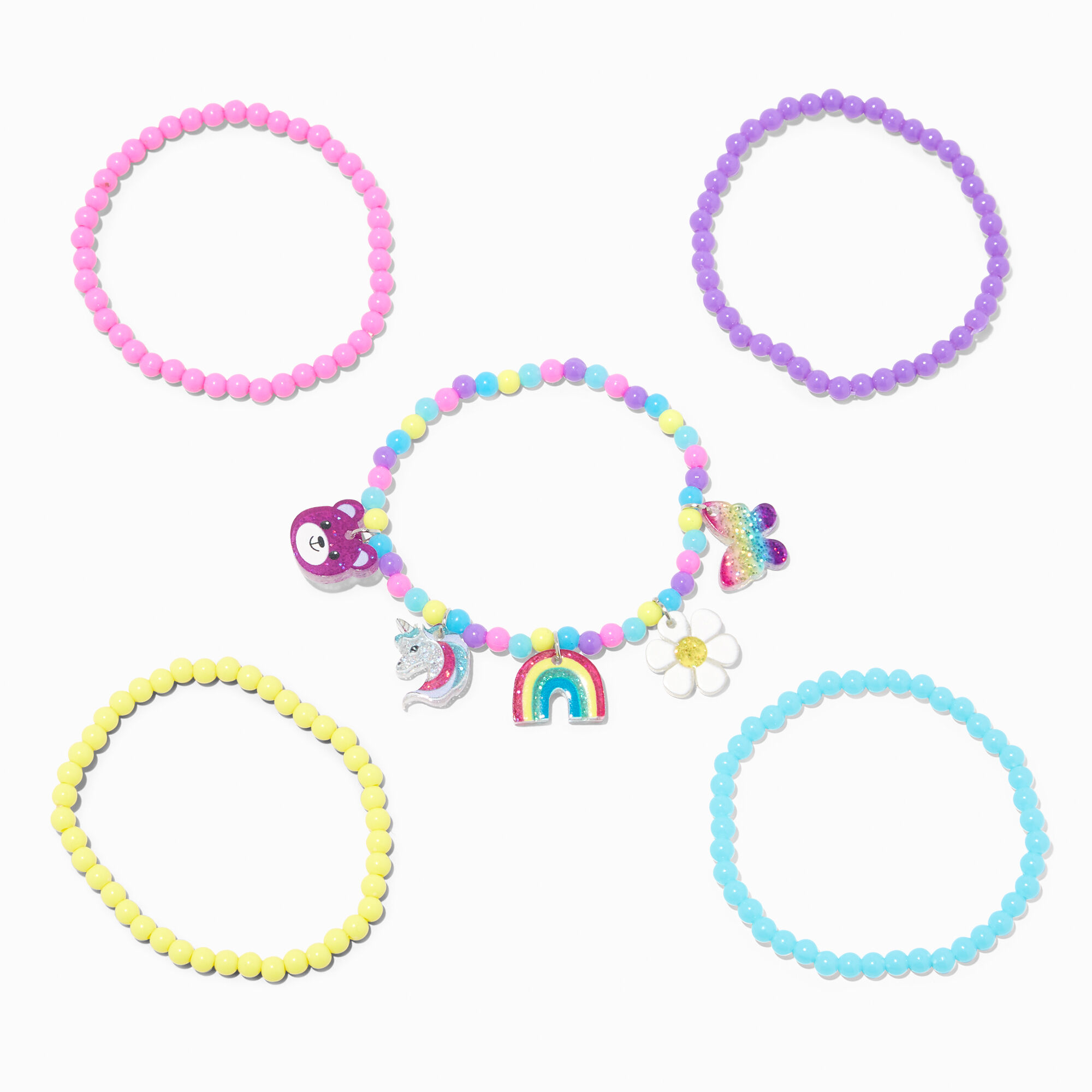 Claire s Club Rainbow Charm Stretch Bracelets 5 Pack Claire s