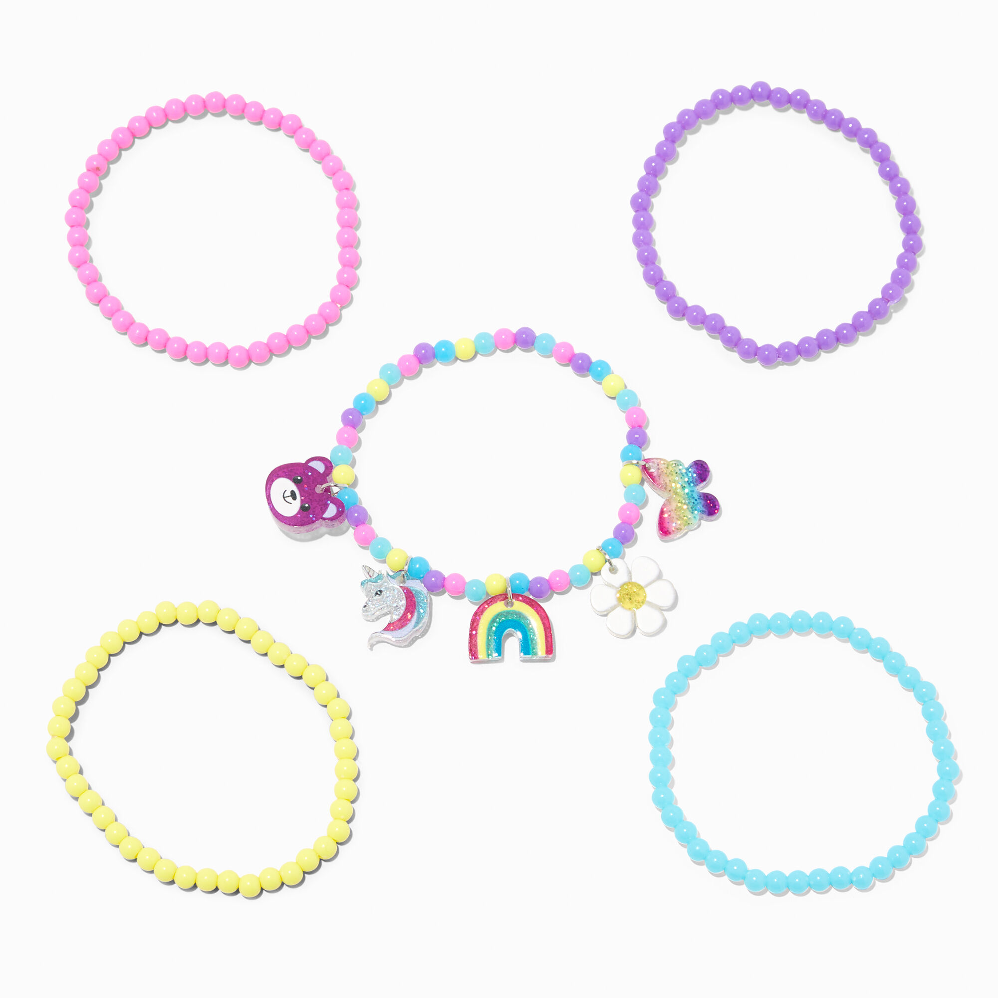 View Claires Club Charm Stretch Bracelets 5 Pack Rainbow information
