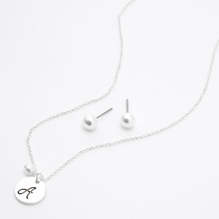 Silver Initial Pearl Jewellery Set - A, 2 Pack,