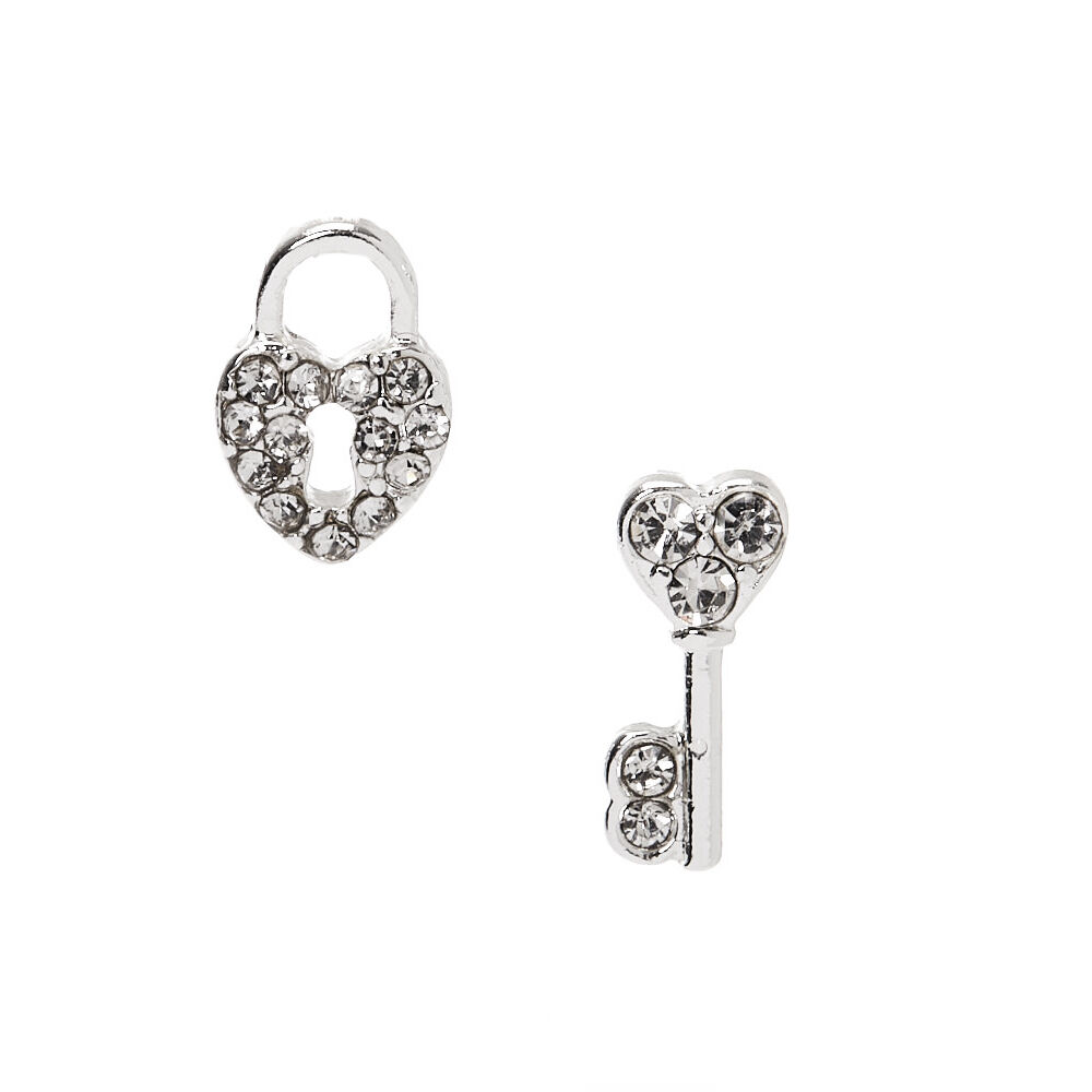 Silver Embellished Lock Key Stud Earrings Claire s