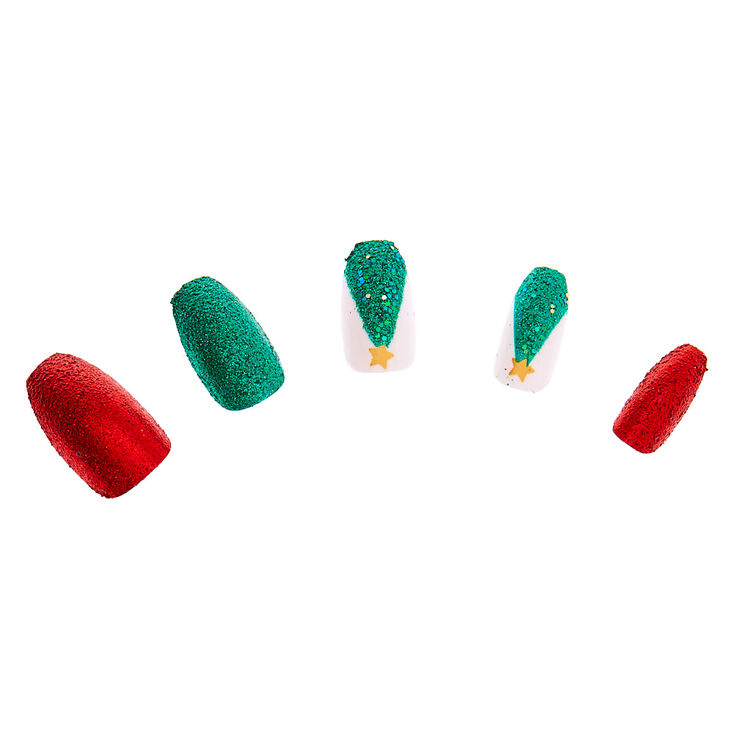 Glitter Christmas Trees Coffin Press On Faux Nail Set 24 Pack Claire S Us