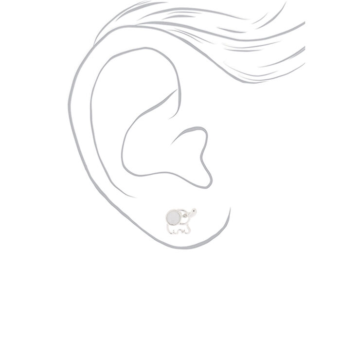 Silver and Crystal Elephant Stud Earrings - White,