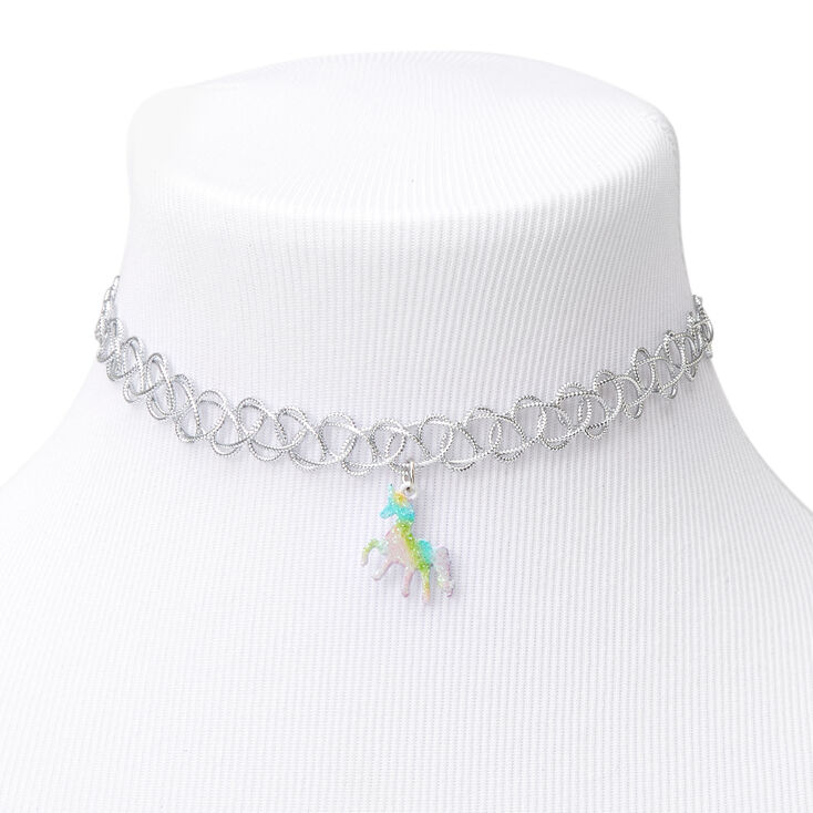 Claire&#39;s Club Tattoo Choker Necklace with Unicorn Charm - Silver,
