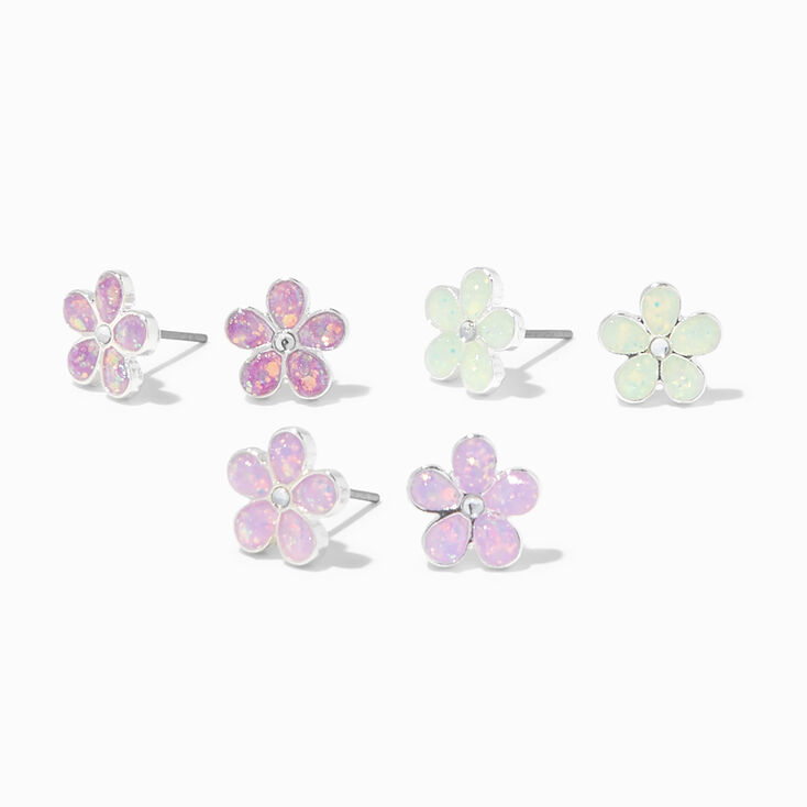 Silver UV Color-Changing Flower Stud Earrings - 3 Pack,