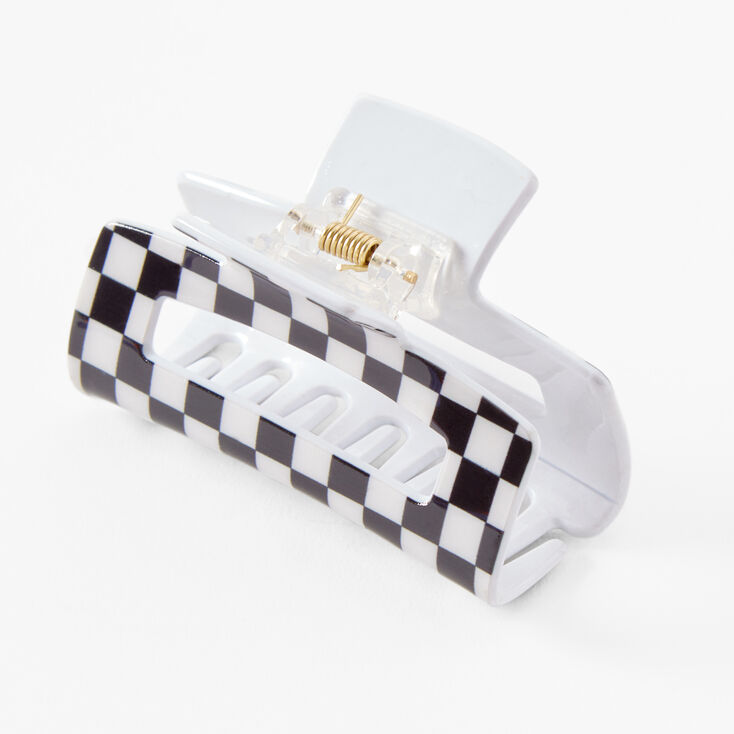 Black &amp; White Check Medium Rectangle Hair Claw,