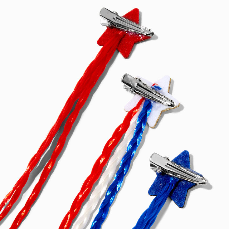 Red, White, &amp; Blue Glitter Stars Braided Faux Hair Clips - 6 Pack,