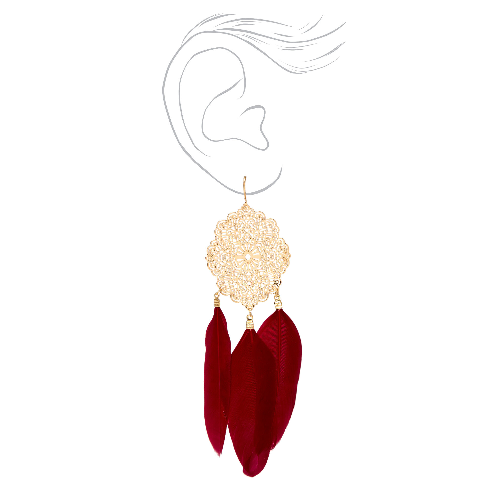 Gold 4" Feather Drop Earrings - Burgundy,