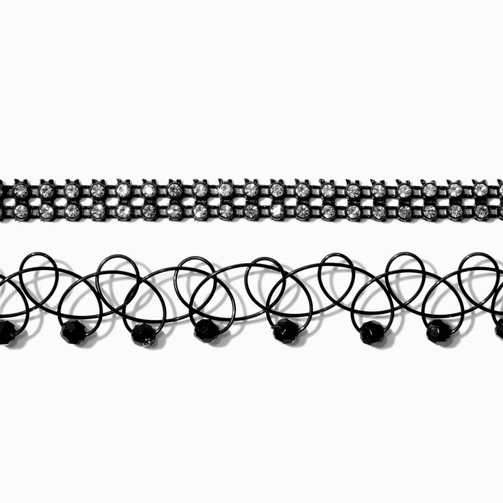 Ras-de-cou perl&eacute;s effet tatouage noir et strass noirs - Lot de 2,