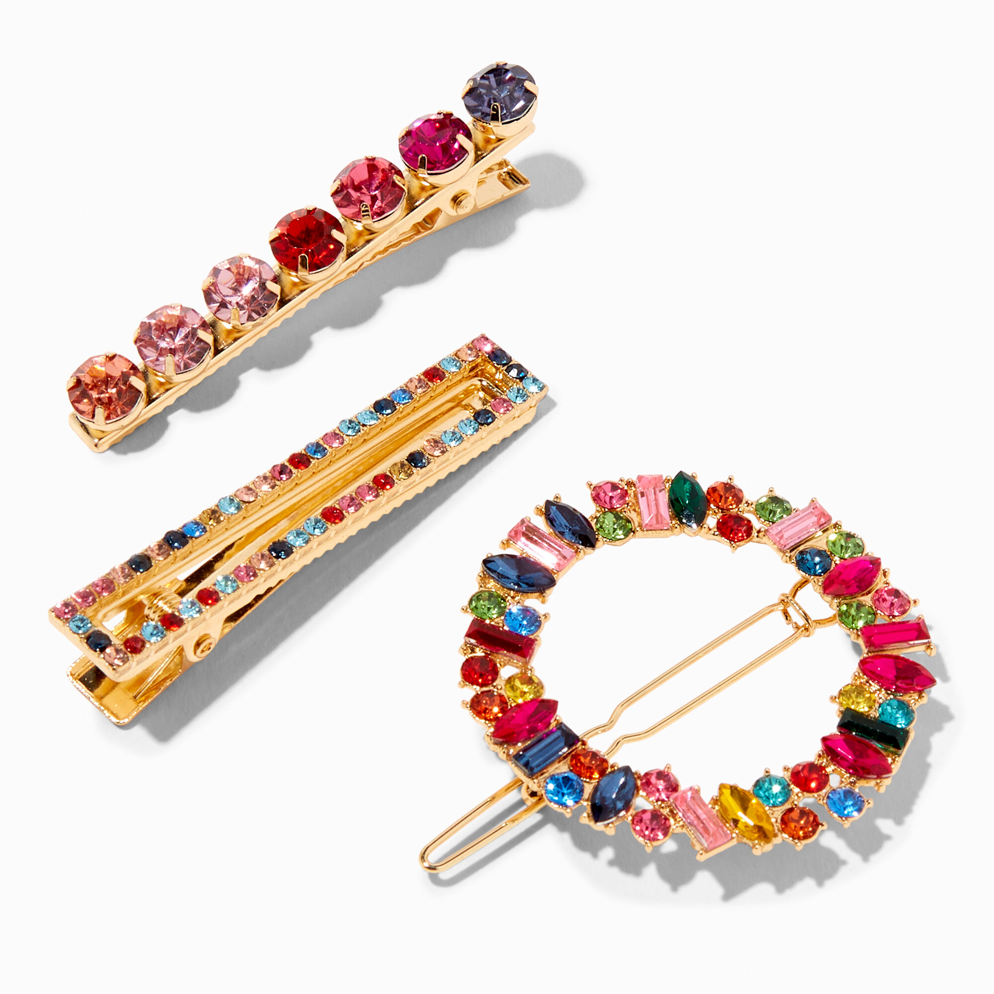 Rainbow Rhinestone Hair Barrettes - 3 Pack,