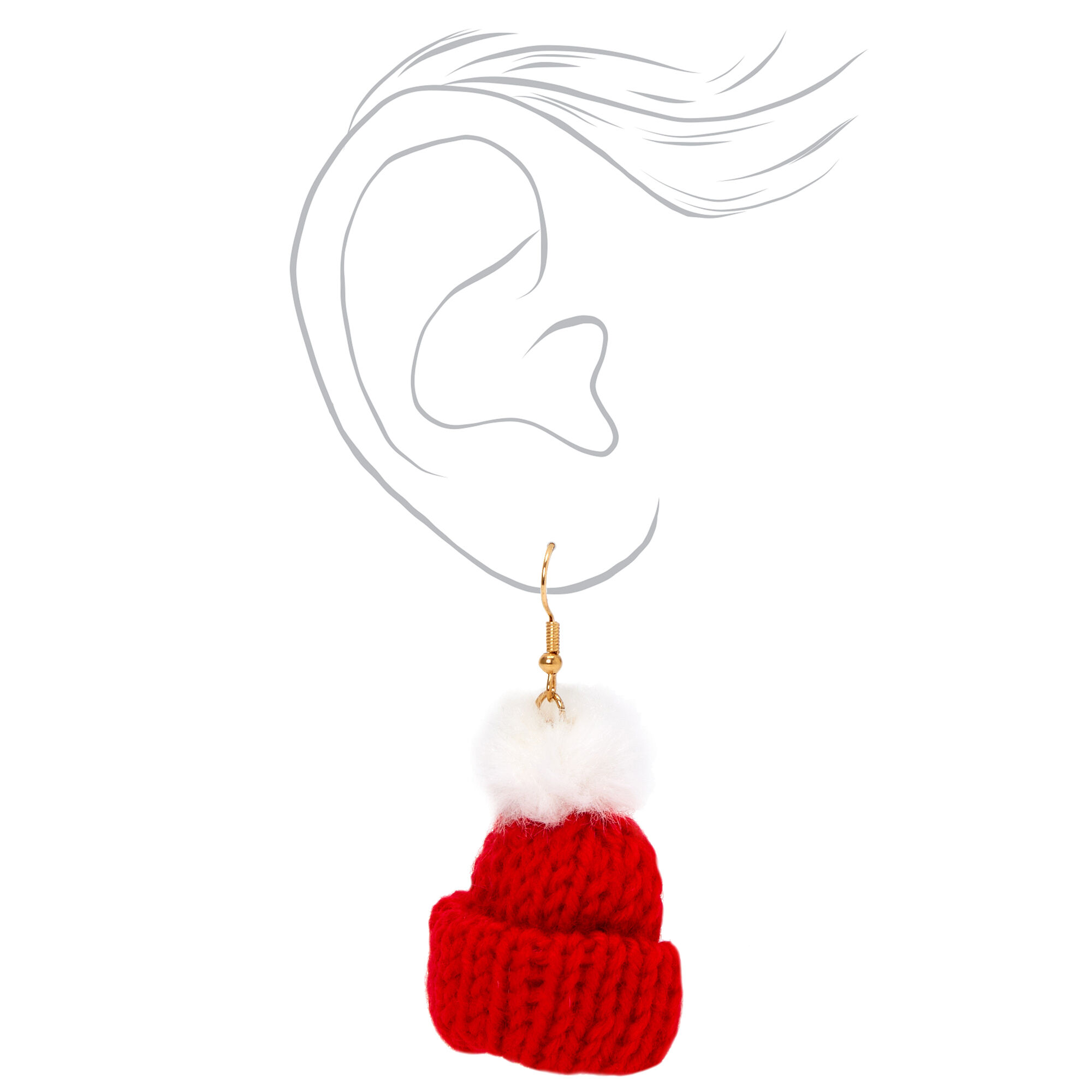 Gold 2'' Knit Hat Pom Drop Earrings - Red,