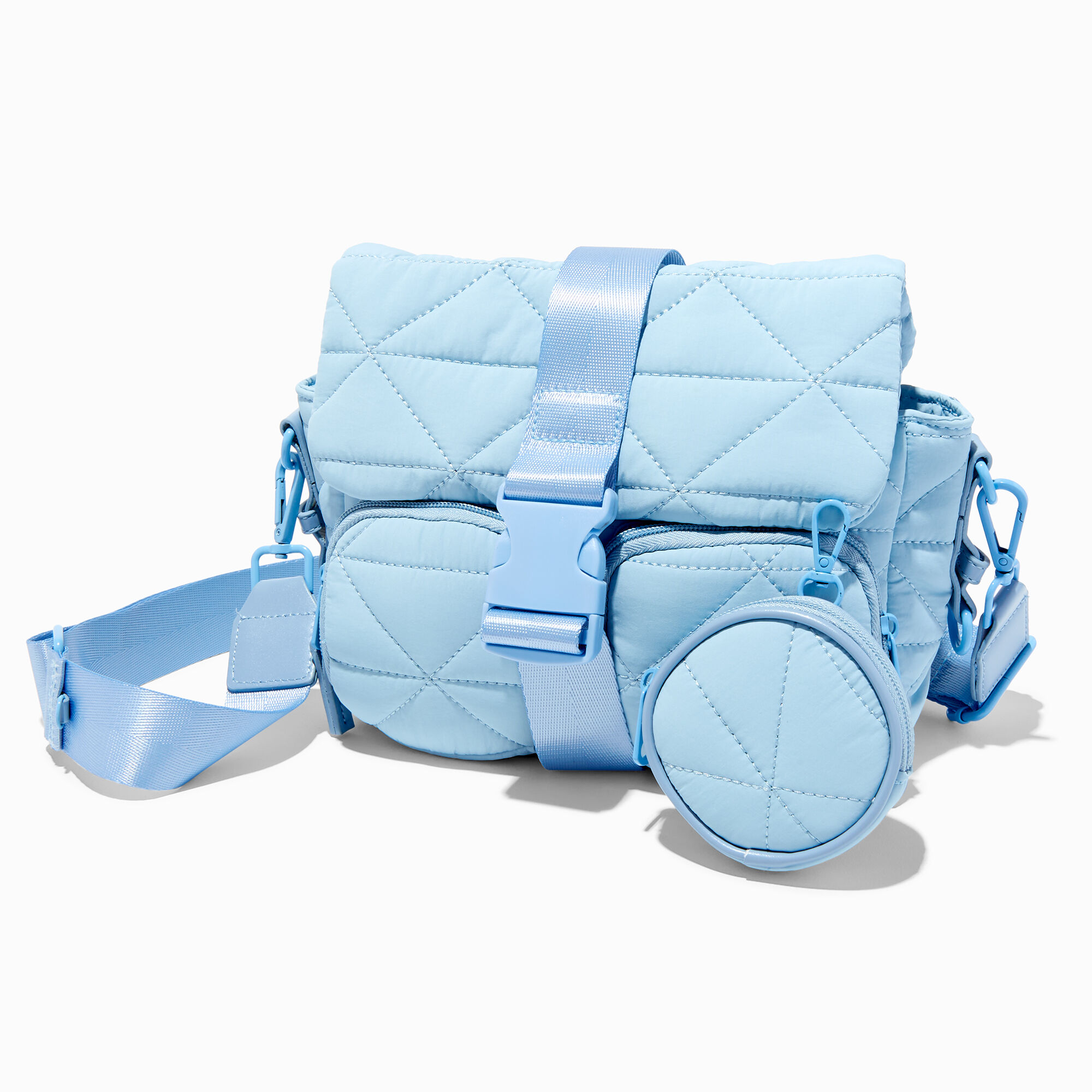 View Claires Quilted Nylon Crossbody Messenger Bag Baby Blue information