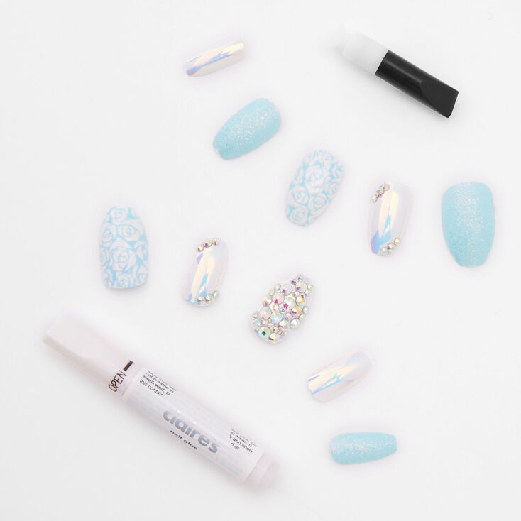 Faux ongles ballerine luxueux aux designs floraux avec strass et paillettes - Turquoise, lot de 24,