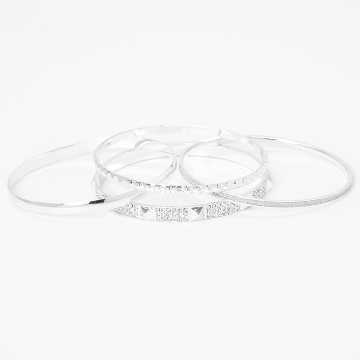 Silver Studded Rhinestone &amp; Glitter Bangle Bracelets - 4 Pack,