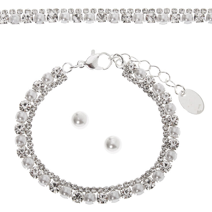 Silver Pearl &amp; Rhinestone Jewellery Set - 3 Pack,