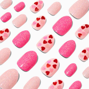 24 Piece Almond Shaped Pink Glitter French Tip Press Ons Fake Nails Glossy