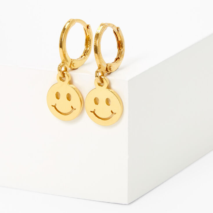 18kt Gold Plated 10MM Happy Face Huggie Hoop Earrings,