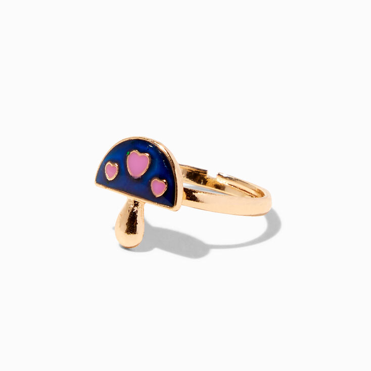 Bague d&rsquo;humeur champignon couleur dor&eacute;e c&oelig;ur rose,