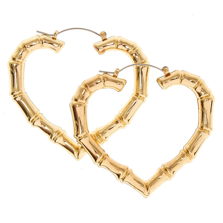 60mm Gold Tone Heart Shaped Bamboo Hoop Earrings Claire S Us 60mm Gold Tone Heart Shaped Bamboo Hoop Earrings