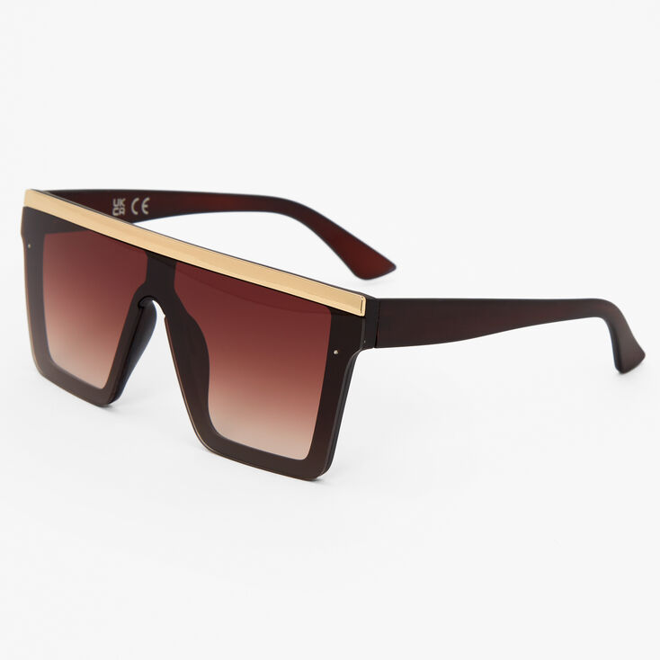 Gold Bar Shield Sunglasses - Brown,