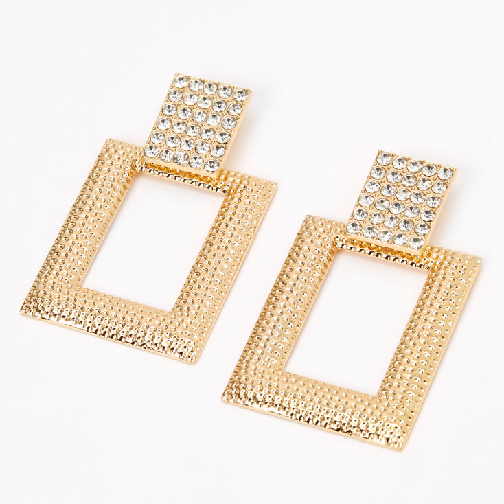 Gold 2.5&quot; Crystal Rectangle Door Knocker Drop Earrings,