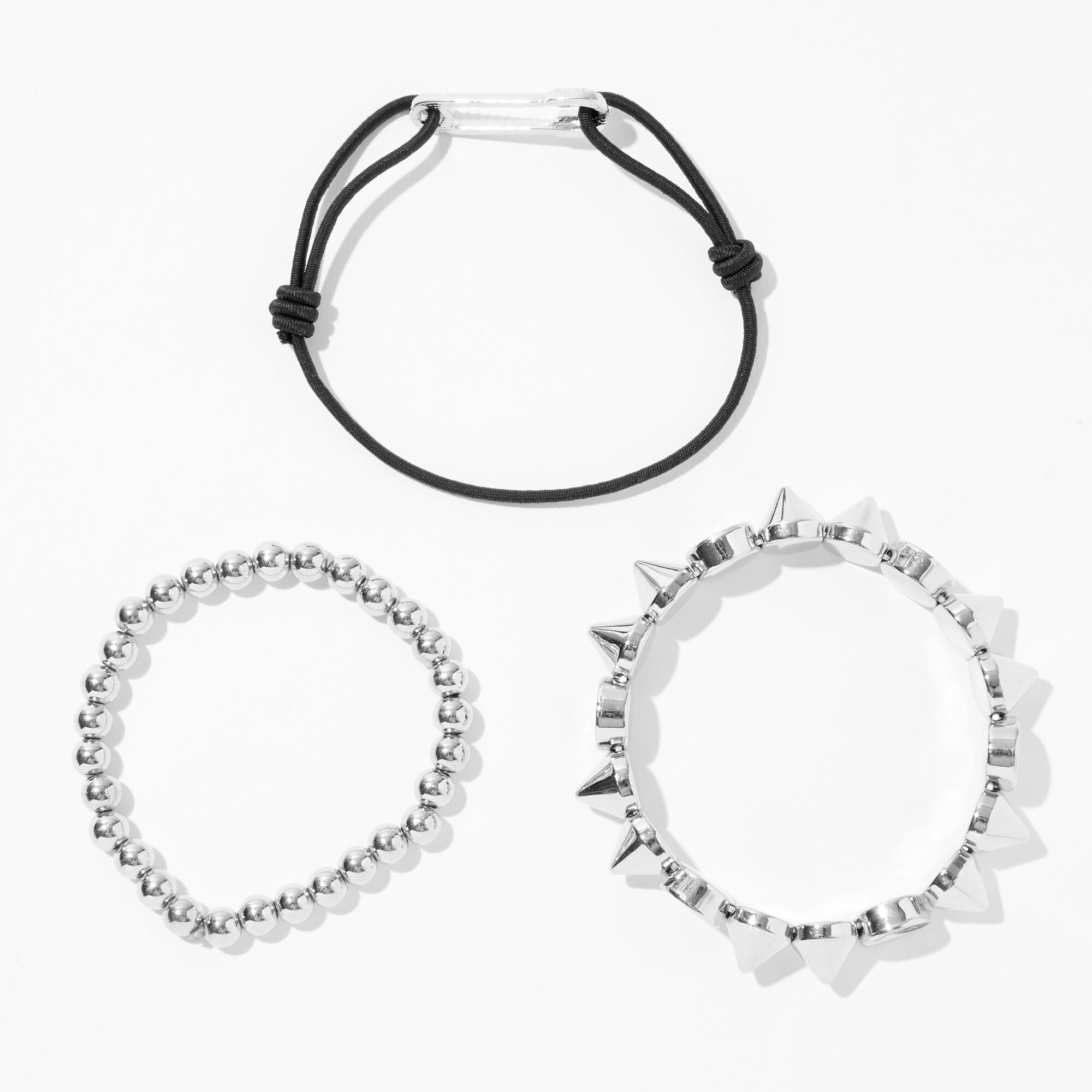 View Claires Tone Spike Yin Yang Beaded Stretch Bracelets 3 Pack Silver information
