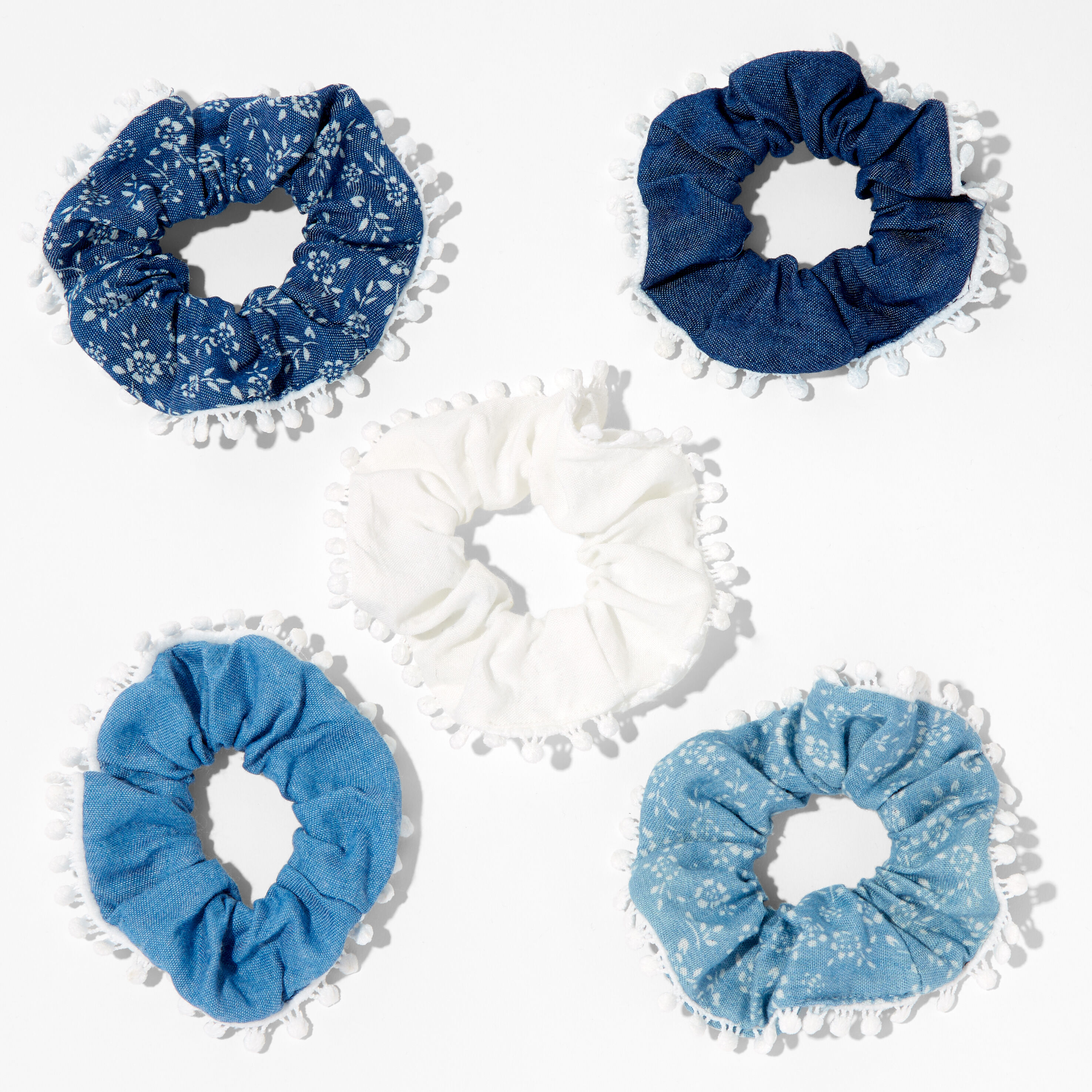 Pom Pom Trim Denim Hair Scrunchies - 5 Pack,