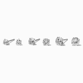 Silver-tone Stainless Steel Round Cubic Zirconia Stud Earrings - 3 Pack,