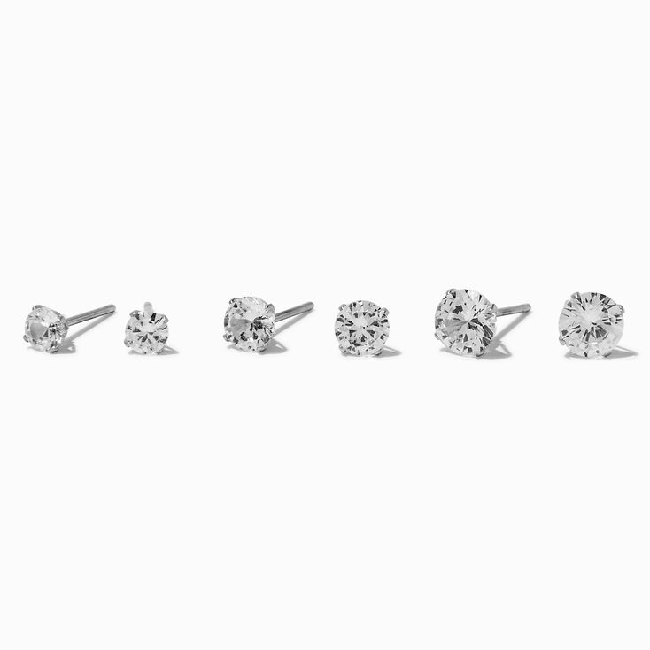 Silver-tone Stainless Steel Round Cubic Zirconia Stud Earrings - 3 Pack,