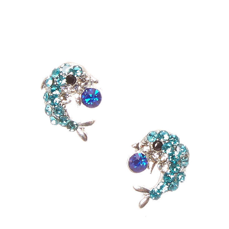 Clous d&#39;oreilles bleus &agrave; motif dauphin en strass,