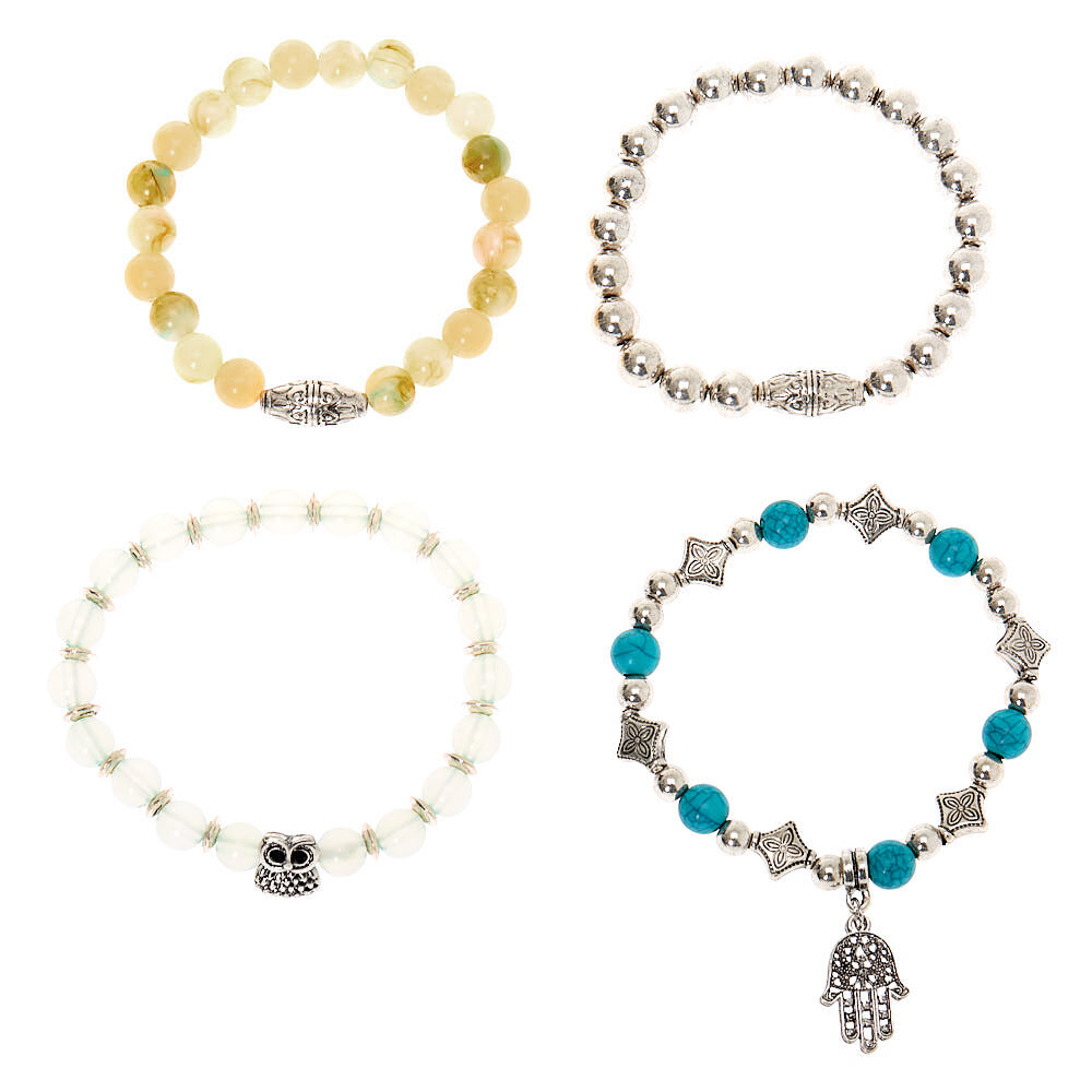 Wooden Beaded Hamsa Stretch Bracelets - Turquoise, 4 Pack,