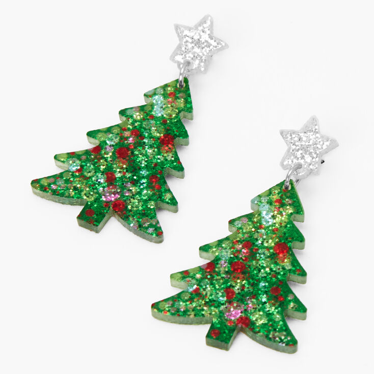 Christmas Silver 1&#39;&#39; Glitter Tree Drop Earrings,