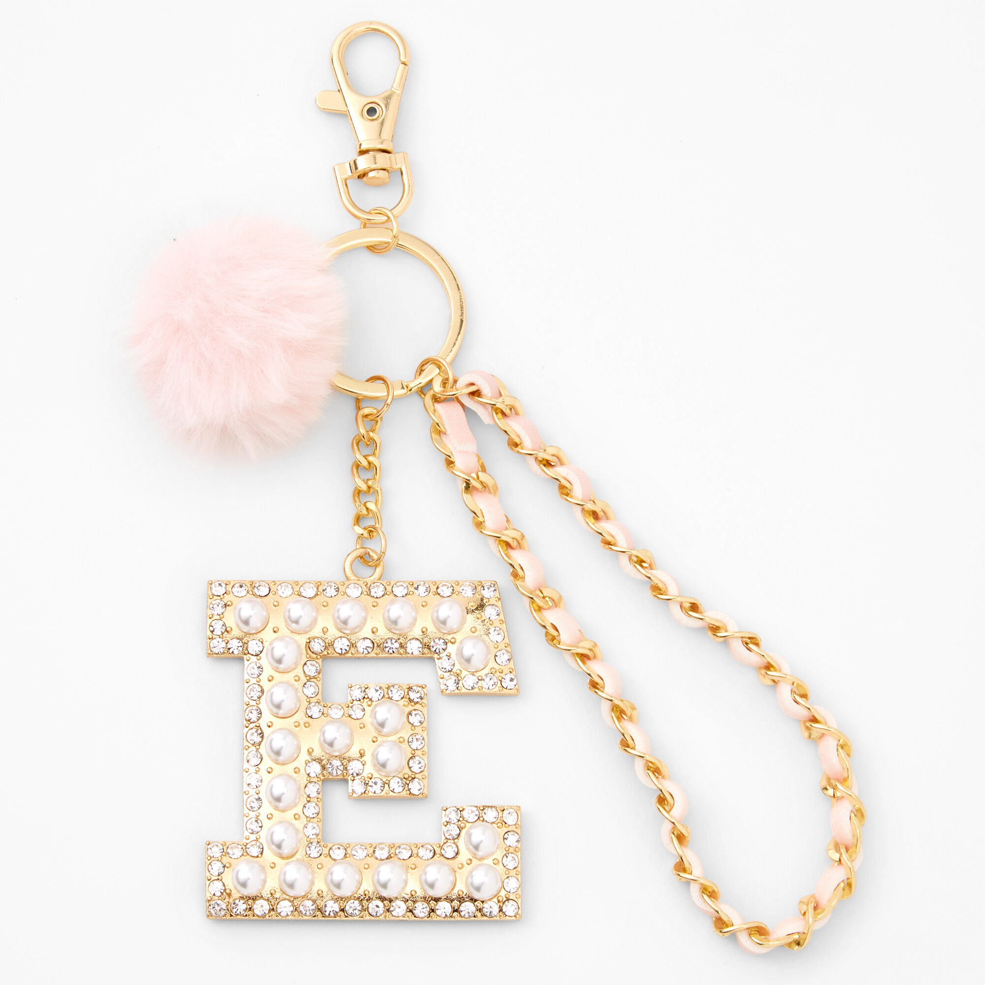 Claire's Porte-clés pompon à initiale bling-bling couleur dorée - Rose, E