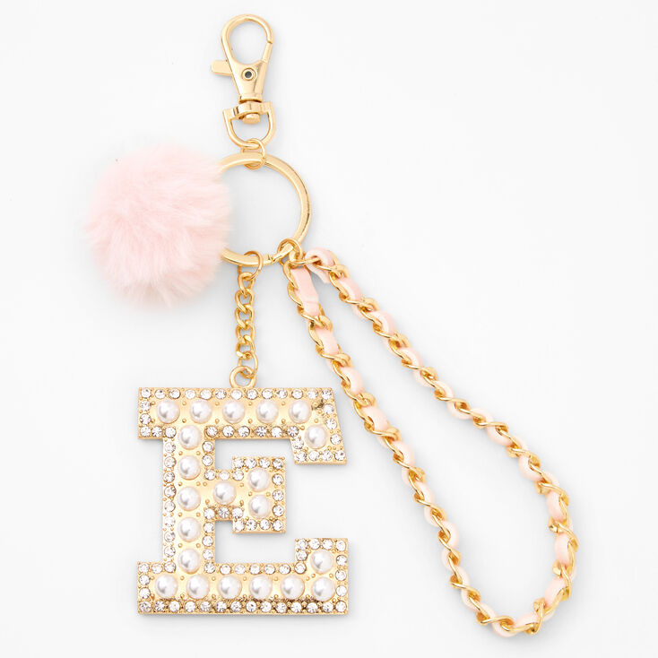 Gold Bling Initial Pom Pom Keychain - Pink, E