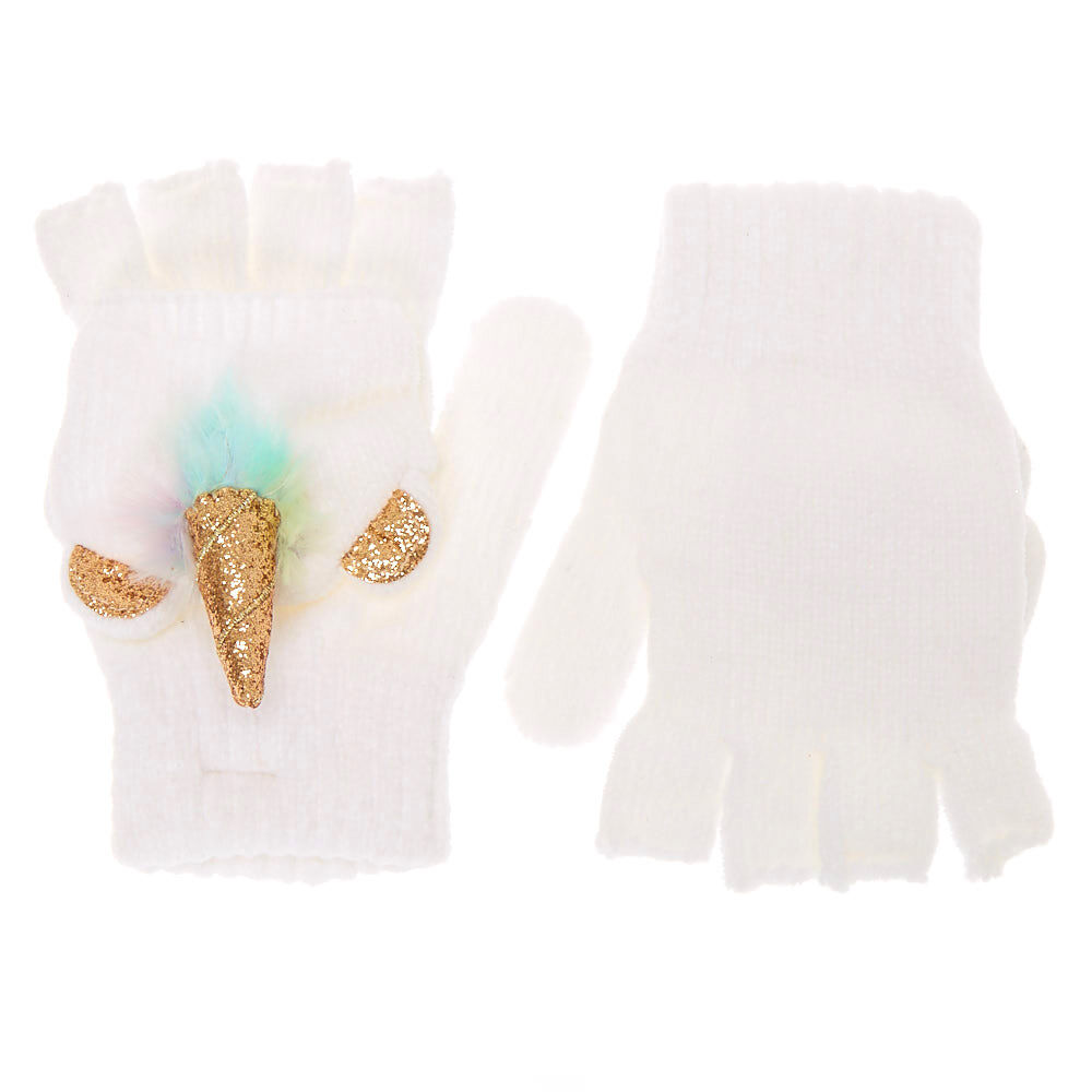 Rainbow Faux Fur Unicorn Fingerless Gloves With Mitten Flap - White,