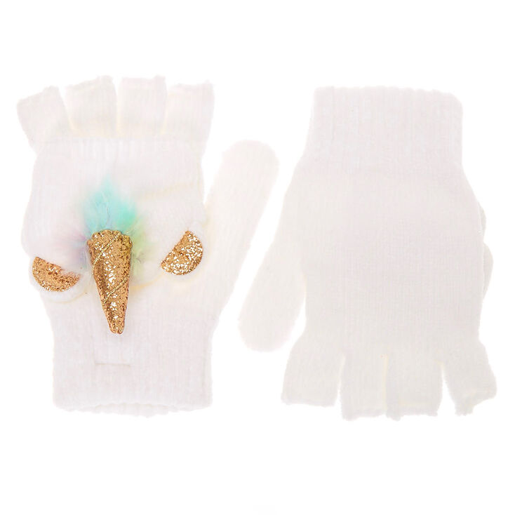 Mitaines blanches licorne avec rabat moufle en fausse fourrure arc-en-ciel,