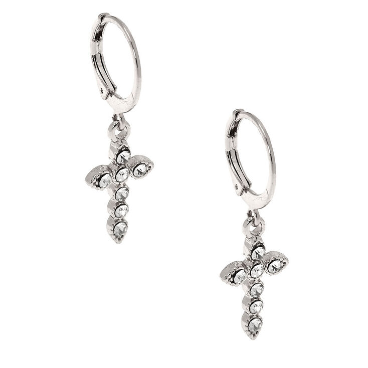 Silver 10MM Cross Huggie Hoop Earrings,