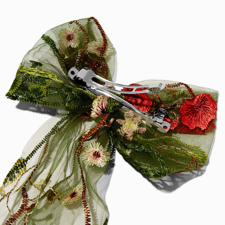 Green Embroidered Flowers Long Tail Bow Hair Clip,