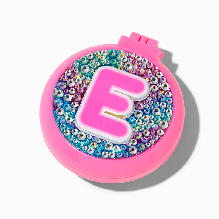 Bejeweled Initial Pop-Up Hair Brush Compact Mirror - E,