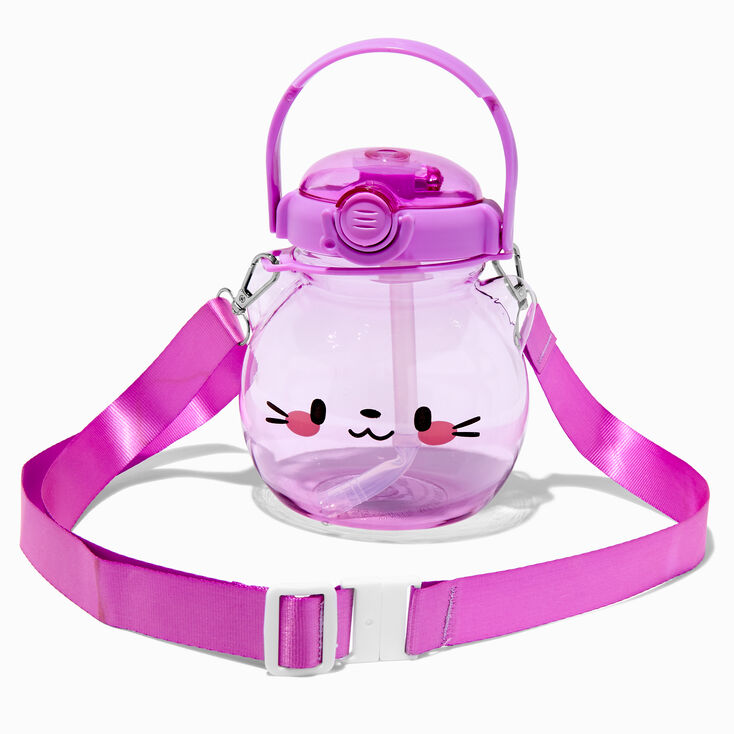 Purple Cat Head Crossbody Water Bottle,