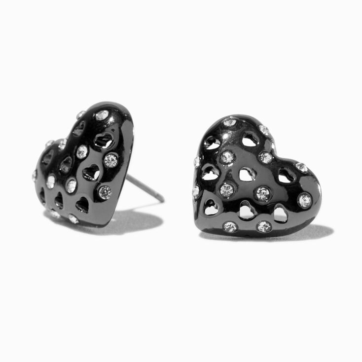 Black Puffy Rhinestone Heart Stud Earrings,