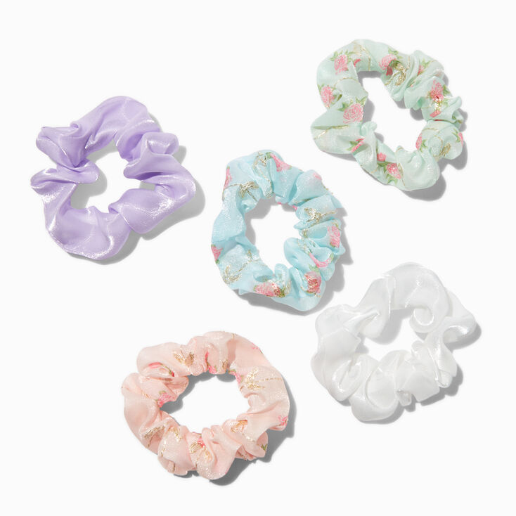 Rose Print & Solid Sheer Pastel Hair Scrunchies - 5 Pack