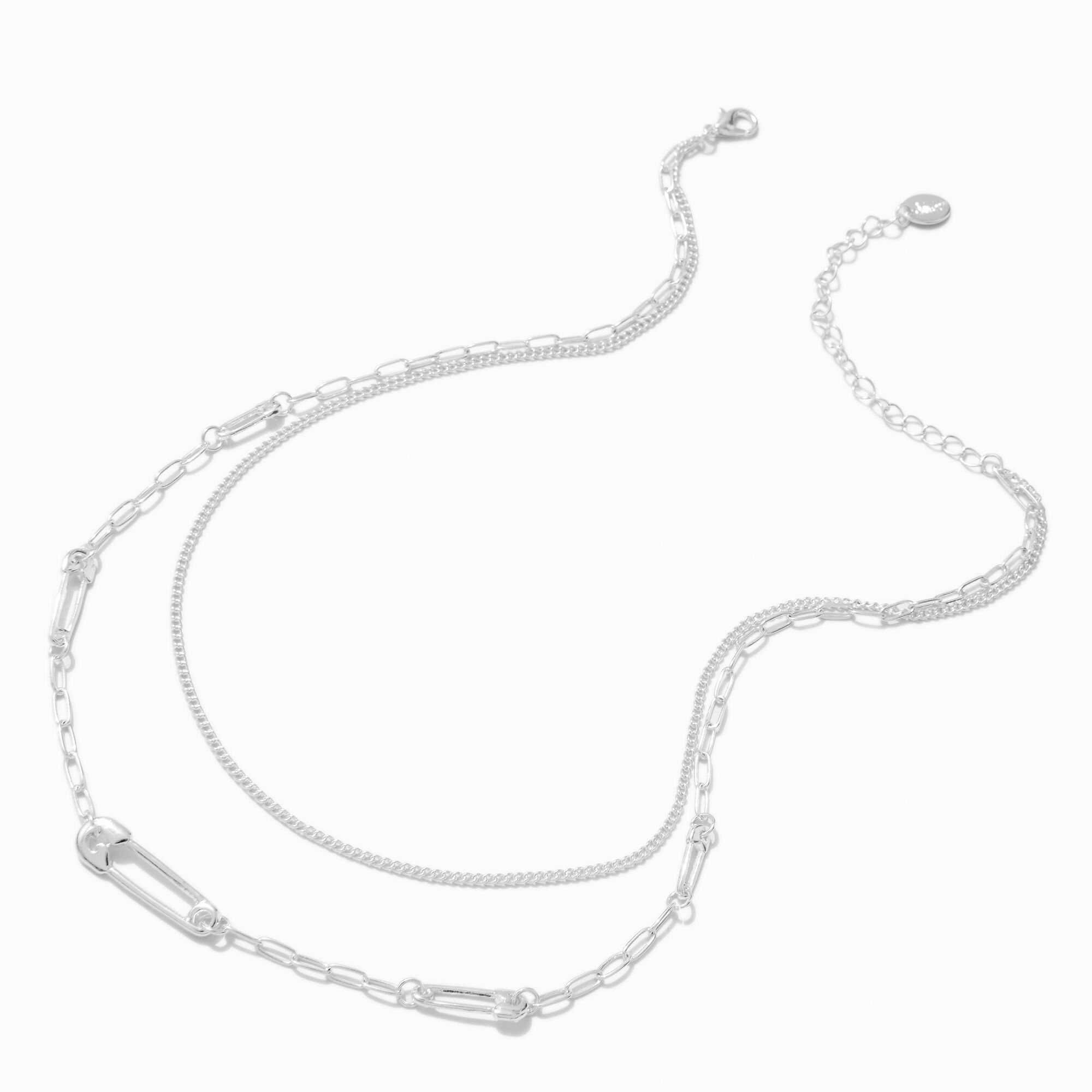 Silver-tone Safety Pin Chain Multi-Strand Necklace,