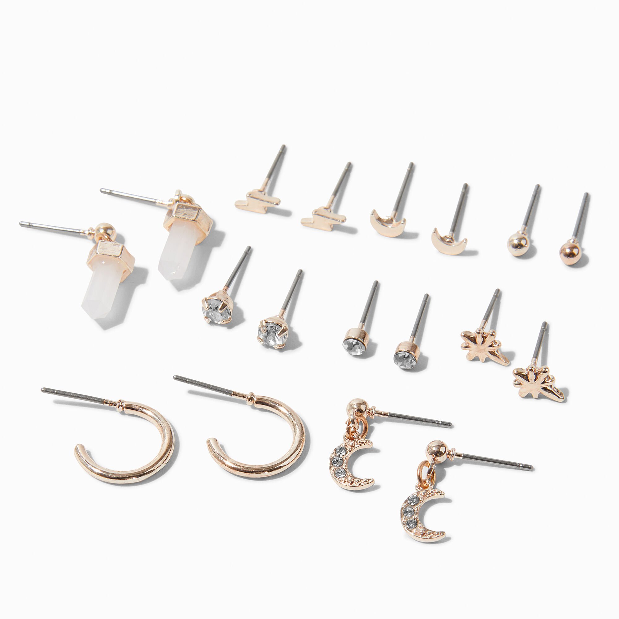View Claires Mystical Icons Tone Mixed Earring Set 9 Pack Rose Gold information
