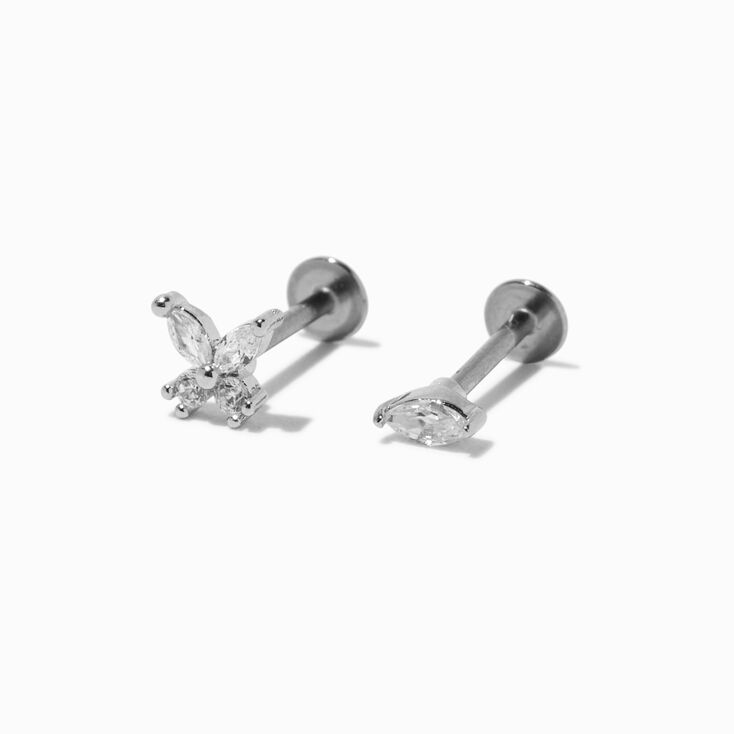 Silver-tone Cubic Zirconia Bow &amp; Stud 18G Stud Threadless Cartilage Earrings - 2 Pack,