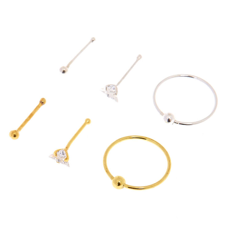 Mixed Metal Sterling Silver Cubic Zirconia 22G Triangle Stone Nose Rings - 6 Pack,