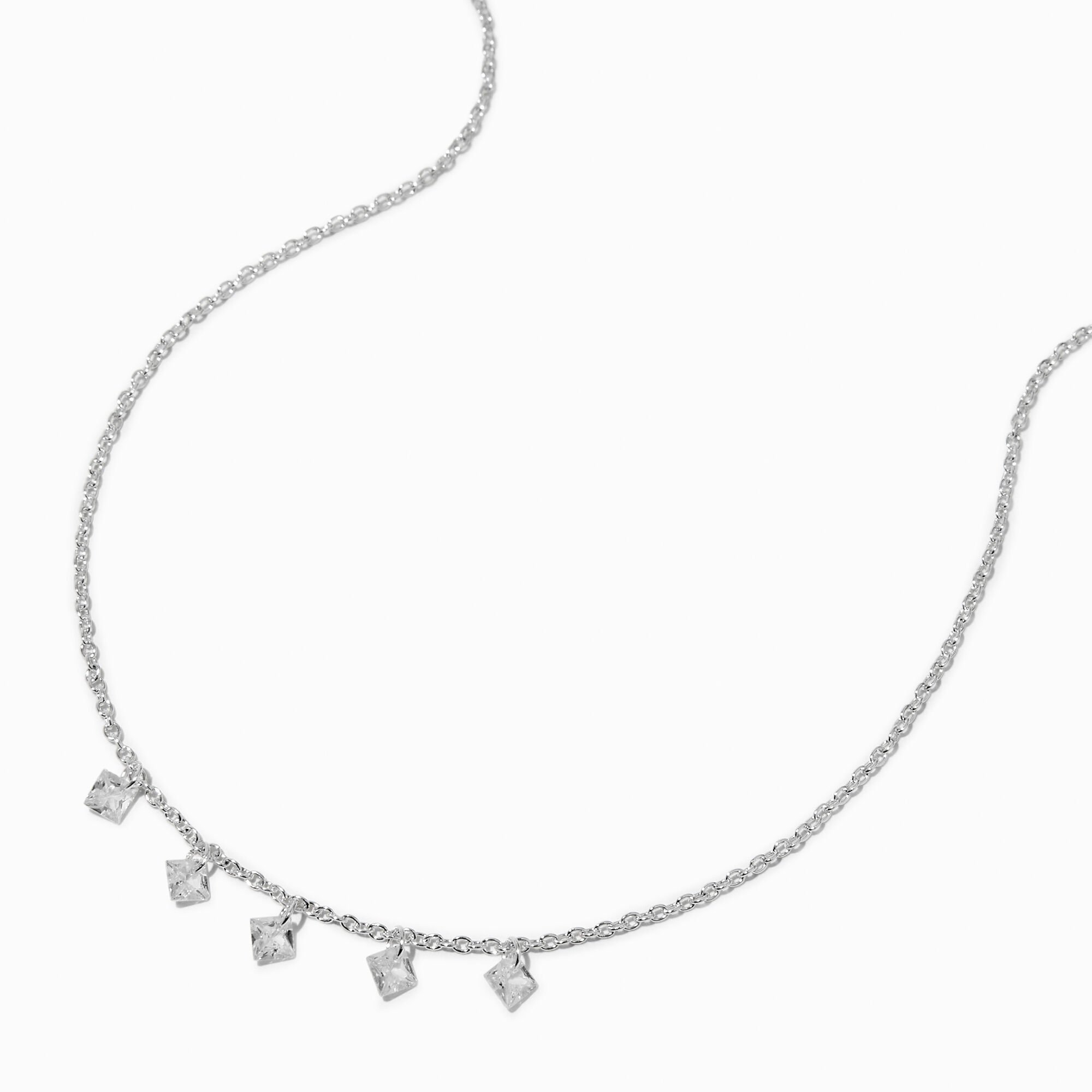 Collier à pendentif confetti en zircon cubique carré couleur argentée,